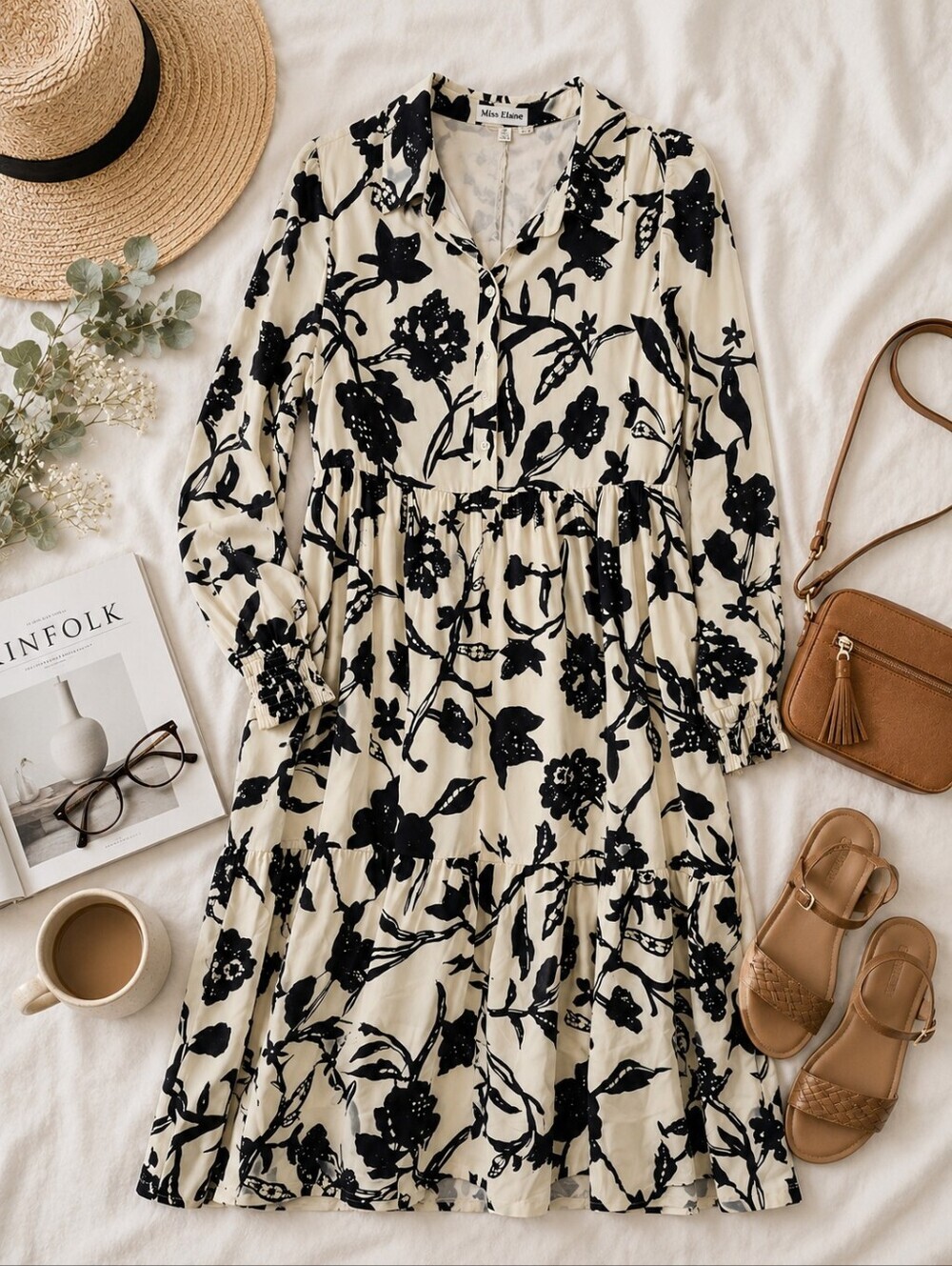 Jodifl Ivory Blue Floral Flowy Cottage Tiered Midi L Sleeve NWT dress. Ladies M